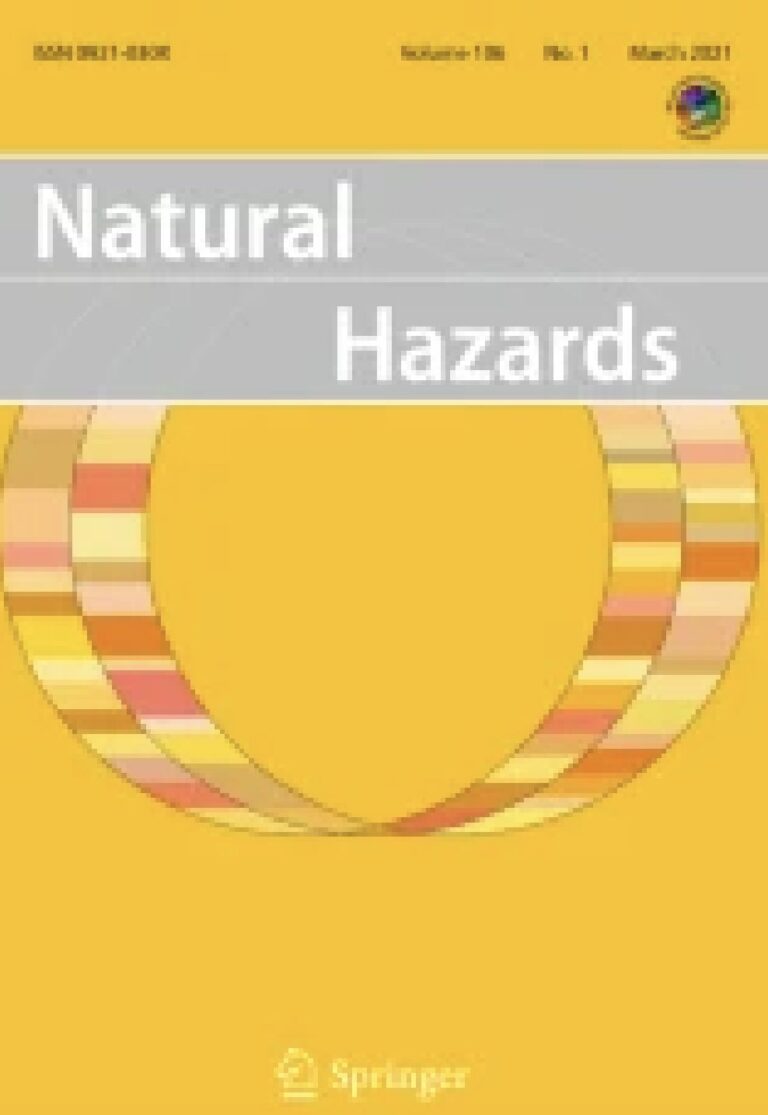 Natural Hazards journal cover - bright yellow with grey and white text